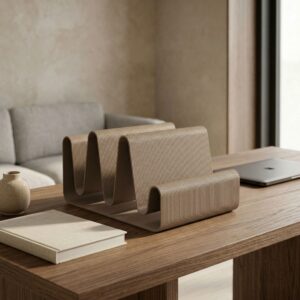 desk organizer on wooden table in minimalist interior