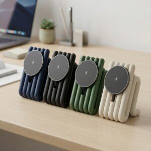 wireless phone chargers on desk in modern workspace